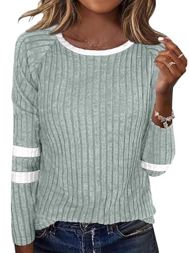 ANRABESS Women Long Sleeve Tops Color Block Casual Shirts Lightweight Sweaters Fall Fashion Outfits 2025 Teen Girls Clothes Green+White X-Large - Image 1