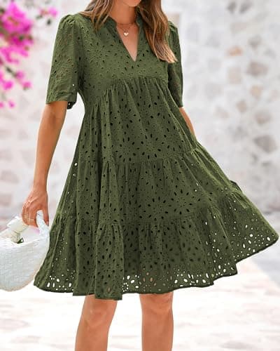 BTFBM Womens Boho Summer Dresses 2025 Resort V Neck Short Sleeve Hollow Out Lace Ruffle Casual Beach Mini Vacation Dress(Army Green, X-Large) - Thumbnail 5