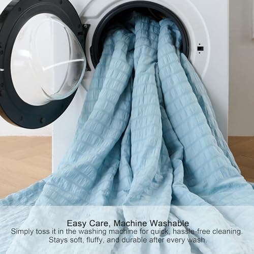 Fuzzysense Cooling Comforter Queen Size – Q-Max 0.4 Seersucker Reversible Cooling Blanket, Lightweight Breathable Summer Quilt for Hot Sleepers & Night Sweats, Ice Blue - Thumbnail 6