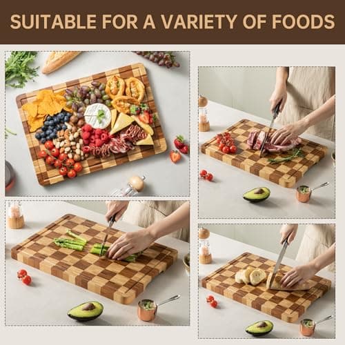 Bamboo Cutting Boards for Kitchen, End Grain Wood Cutting Board with Juice Grooves & Handles, Charcuterie Checkered Chopping Board Thick Butcher Block Serving Tray with Gift Box, 16.4"×11.5"× 1" - Thumbnail 5