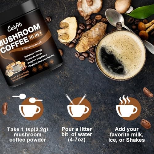 (2 Pack) Mushroom Coffee Powder, 10 Mushroom Blend- Lion's Mane, Chaga, Brain Supplements with Arabica Coffee, Ashwagandha, L-Theanine for Energy, Focus, Memory and Immunity, 120G - Thumbnail 6