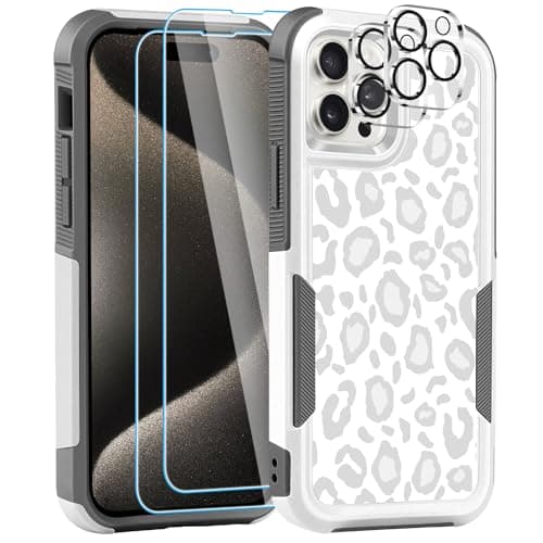 LOQUPE [5 in 1 for iPhone 15 Pro max Case,with 2 Pack Screen Protector + 2 Pack Camera Lens Protector,Heavy-Duty Tough Rugged Lightweight Slim Shockproof Protective Case for Women,Cute White Leopard - Image 1