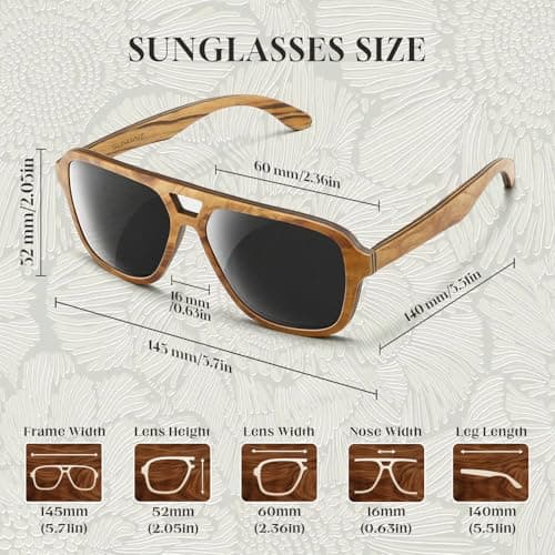 SUNAIT Light Burl/Black Oak/Zebra & Ebony/Maple Wood Sunglasses Classic Square Aviator for Men & Women HD Polarized Lens (Zebra Wood Frame/Grey Lens) - Thumbnail 5