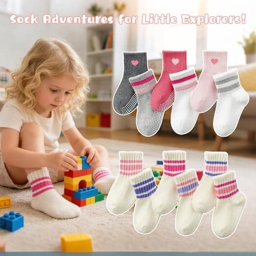 BISOUSOX Toddler Grip Socks for Baby Girls Boys 0-5T, Non-Slip Grippy Socks for 0-6-12-18M Infant Newborns Walking Home - Thumbnail 2