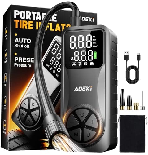 AOSKI Tire Inflator Portable Air Compressor: 150PSI Rechargeable Air Pump with Digital Pressure Gauge, LED Light and Auto Shut-Off - Fast Inflation for Car, Motorcycle, Bike, and Ball - Black - Image 1