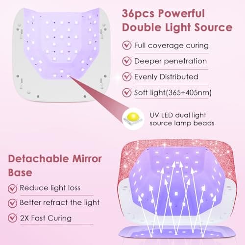 UV LED Nail Lamp Cordless, HUITINE 80W Rechargeable UV Light for Gel Nails with 5 Timers & Mirror Base, Professional Gel Light Dryer, Sparkling Rhinestones Curing Lamp for Salon & Home (Pink Diamond) - Thumbnail 3