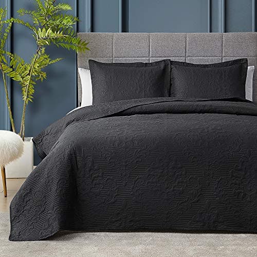 Hansleep Black Quilt King Size - Damask Ultrasonic All Season Bedspread King, Soft Lightweight Coverlet Bedding Set, 3 Pieces (1 Quilt, 2 Pillow Shams) - Image 1