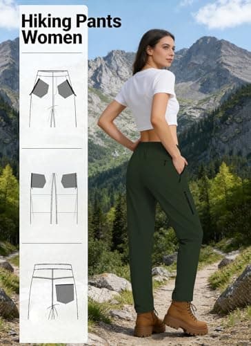 Hiking Pants Women Water Resistant UPF 50 Lightweight Quick Dry Cargo Travel Pants with 5 Zipper Pockets QYY25038 Army Green S - Thumbnail 5