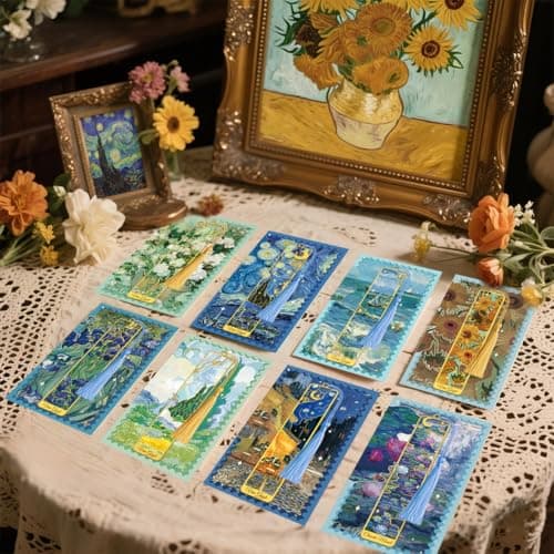 Metal Bookmarks with Tassel, Kinsound Golden Van Gogh Monet Oil Painting Theme Cute Hollow Book Markers for Reading Women, Kids, Teachers, Students, Reading Accessories Gifts for Book Lovers (8PCS) - Thumbnail 3