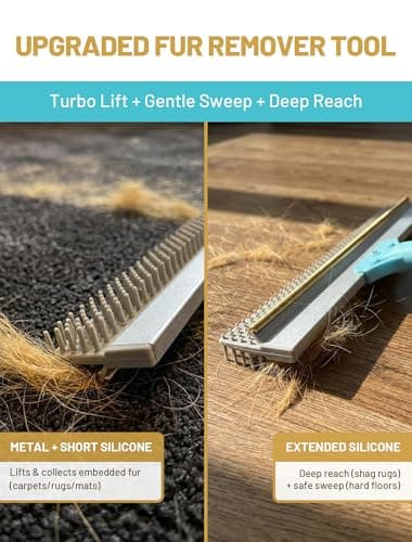 Carpet Rake for Pet Hair Removal: DELOMO Carpet Scraper Broom with 54” Adjustable Long Handle, Dual-Sided, Metal + Short Silicone for Carpets & Rugs, Extended Silicone for Shag Rugs & Hard Floors - Thumbnail 3
