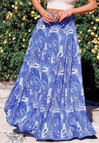 PRETTYGARDEN Women's Smocked High Waisted Long Summer Skirts 2026 Floral A Line Tiered Flowy Classy Boho Beach Maxi Skirt (Blue Floral, Medium) - Thumbnail 2