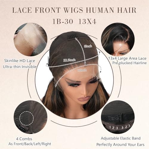 Body Wave 13x4 Full Frontal Lace Wig Skinlike HD Lace 0.10mm Ultra-thin Invisible 1B/30 Highlight Ombre Brown Colored Pre-plucked Tiny Knots Balayage Lace Front Wig 200% Density 20 Inch for Women - Thumbnail 6