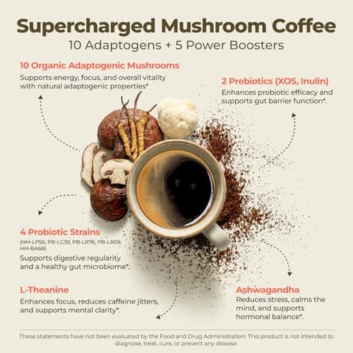 10 Kinds Mushroom Coffee with Probiotic(Lion's Mane, Cordyceps, Turkey Tail & Other), Ashwagandha Instant Coffee Mushroom Supplement for Better Energy, Gut Health 210g 7.41oz - Thumbnail 3