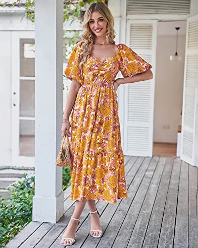 BTFBM Women's Clothing Spring Summer Dresses 2026 Beach Vacation Short Sleeve Smocked Back Boho Casual Floral Maxi Dress(Floral Yellow, Medium) - Thumbnail 2