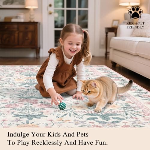 Pink Rugs for Bedroom Girls: Floral 6x9 Washable Area Rug for Nursery Kids Room Living Room Boho Decor - Soft Non-Slip Non-Shedding Carpet - Thumbnail 4