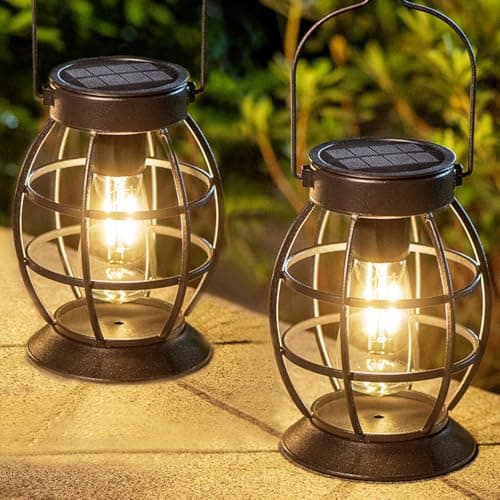 LeiDrail Solar Lantern Outdoor Hanging Solar Lights Metal LED Waterproof Christmas Lanterns Solar Powered Landscape Decor for Table Garden Yard Patio Pathway Porch 2 Pack - Image 1