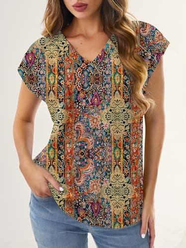 GKBK Women Tops Cap Sleeve Textured Dressy Casual V Neck Shirts 2026 Summer Business Work Blouses Outfits Vintage Boho S - Thumbnail 2