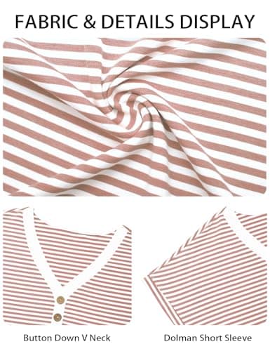 Short Sleeve Shirts for Women Summer Striped Henley Tops Dolman Short Sleeve Casual V Neck T Shirts Trendy 2026 Button Front Dressy Blouses (Pink, Large) - Thumbnail 6