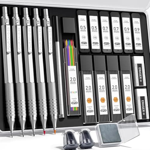 Four Candies Metal Mechanical Pencil Set, 3PCS Art Drafting Pencils 0.5, 0.7, 0.9MM & 2PCS 2MM Mechanical Drawing Pencils with 420PCS Leads (4B 2B HB 2H Color) for Writing Sketching Drawing (Silver) - Image 1