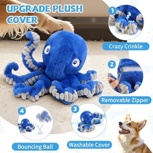 VOXGET Interactive Dog Octopus Toy Ball, Upgrade Automatic 1.5H Jumping Ball with Motion Activation for Small Large Dogs, 2 in 1 Rechargeable Move & Tug Plush Toy for Pets Keep Busy, No Music (Blue) - Thumbnail 3