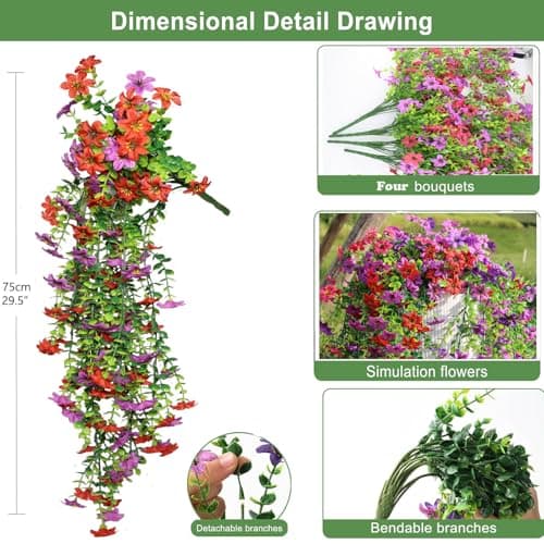 Obmnor Artificial Hanging Flowers for Outdoors, 4 Pack Fake Hanging Plant for Spring Summer Decor, UV Resistant Faux Silk Flower for Planter Front Door Porch Patio Yard Garden (Double Purple) - Thumbnail 3