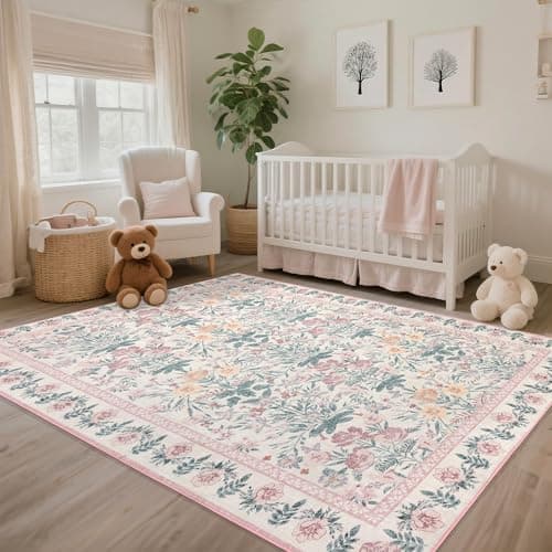 Pink Rugs for Bedroom Girls: Floral 6x9 Washable Area Rug for Nursery Kids Room Living Room Boho Decor - Soft Non-Slip Non-Shedding Carpet - Thumbnail 3