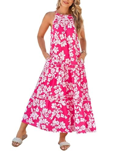 GRACE KARIN Women's Boho Maxi Dress Casual Summer Loose Long Floral Sundresses Flowy Halter Tiered Beach Vacation Dresses for Women Rose Pink Silhouette Flower XL - Image 1