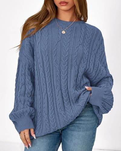 KIRUNDO Oversized Chunky Cable Knit Sweater Women 2026 Fall Fashion Cozy Long Sleeve Crewneck Pullover Winter Clothing(Blue, XX-Large) - Thumbnail 5
