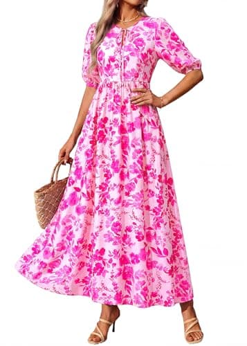 KIRUNDO Spring Dresses for Women 2026 Summer Wedding Guest Boho Floral 3/4 Sleeve Beach Vacation Cruise Flowy Maxi Dress(Rose Red, Medium) - Thumbnail 5