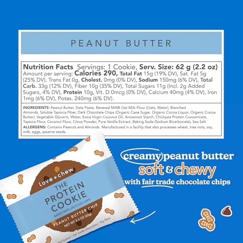 Love + Chew Superfood Soft Baked Protein Cookies, Gluten Free, Vegan, 10g Plant Protein Per Cookie, Healthy Snacks for Adults and Kids, Individually Wrapped Cookies, Peanut Butter Chip, 10 Pack - Thumbnail 2