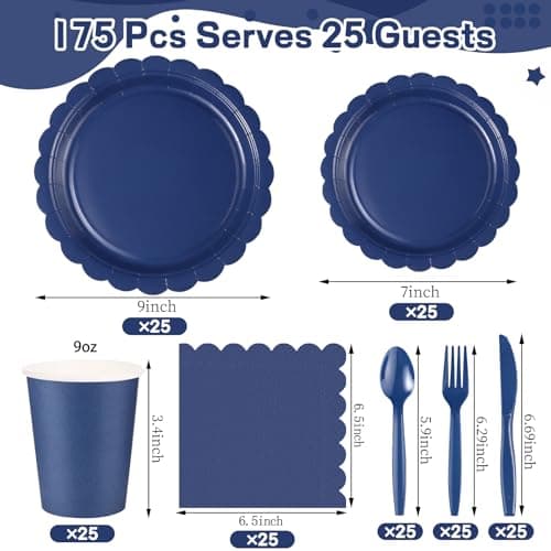 Xiangqu 175 Pcs Navy Blue Plates and Napkins, 25 Guest Navy Blue Party Supplies Inlcudes Scalloped Plates Napkins Cups Plastic Cutlery for Birthday, Wedding, Picnic - Thumbnail 2