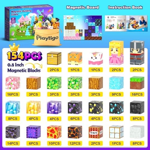 154PCS Magnetic Blocks - Build Mine Magnet World Stacking Cube Toys with Magnet Board, Magnetic Tiles Building Blocks STEM Construction Toys, Sensory Games for Kids Age 3+ Boys Girls Birthday Gift - Thumbnail 6