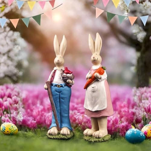 DurableDelights 9.06'' H Hand Painted Bunny Couple Statue Set - Resin Easter Bunny Decor, Spring Rabbit Figurines for Easter Centerpiece Table Decorations or Home Decor, for Family and Friends - Thumbnail 6