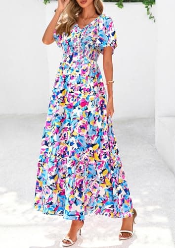 PRETTYGARDEN Boho Dresses for Women 2026 Summer Floral Short Sleeve V Neck Smocked Flowy Beach Vacation Maxi Dress (Multicolored Floral,XX-Large) - Thumbnail 4
