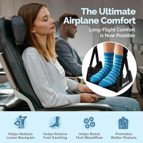 2 Pcs Airplane Foot Hammock–Adjustable Foot Hammock for Plane Travel with Thick Bamboo Base, Lightweight Travel Footrest for Office, Flights(Black) - Thumbnail 3