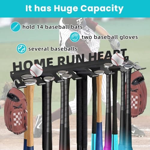 Sahans Baseball Bat Storage Rack Wall Mount Softball Holds 14 Bats Metal Organizer Heavy Duty Steel Sports Display Holder Home and Field Equipment Hanger Hooks Hardware Included Home Run - Thumbnail 4
