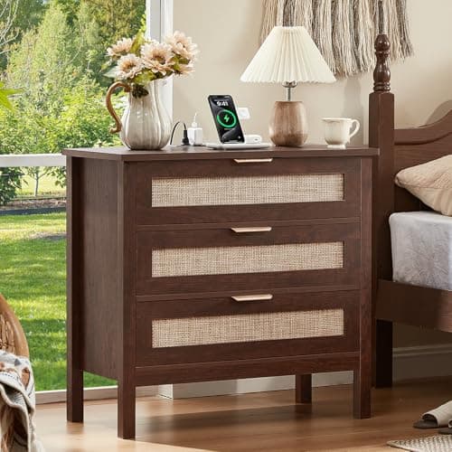 LEYAOYAO 31.5" Wide Rattan Nightstand, Large Boho 3 Drawer Night Stand, Walnut Bedside Table with Storage, Tall Bed Side End Tables, Chest of Drawers Dressers for Bedroom, Living Room, Hallway - Image 1
