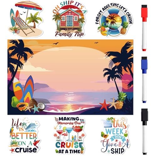 Cruise Door Decorations Magnetic, 7 Pcs Family Trip Tropical Vacation Cruise Magnets, Customizable Magnetic Ship Cabin Door Signs Fridge Decor, with 3 Pcs Pens - Image 1