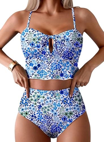 Pink Queen Womens Tummy Control Bathing Suits Modest High Waisted Bikini Sets 2 Piece Swim Suit 2026 Light Blue S - Image 1