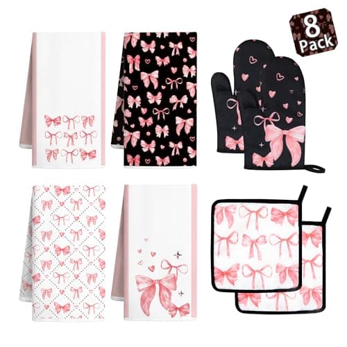 Vetoxka 8 Pcs Cute Pink Bow Kitchen Towels and Dishcloths Sets Oven Mitts Pot Holders Set Valentines Day Absorbent Decor Accessories Gloves Potholders Heat Resistant for Chef Baking Cooking Home Gifts - Image 1