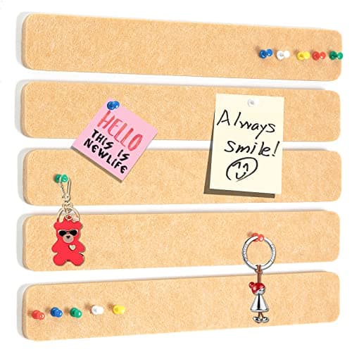 5 Pack Felt Pin Board Bar Strips Bulletin Board for Bedrooms Offices Home Wall Decoration, Notice Board Self Adhesive Cork Board with 35 Push Pins for Paste Notes, Photos, Schedules (Peach)