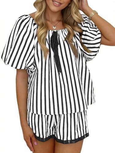 Tankaneo Womens Summer Striped 2 Piece Short Sets Short Puff Sleeve Scoop Neck Babydoll Blouse Vacation Lounge Sets - Image 1