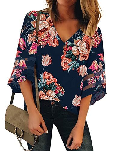 LookbookStore Women's V Neck Floral Print Mesh Panel Blouse 3/4 Bell Sleeve Loose Summer Top Shirt Navy Blue Size X-Large - Image 1