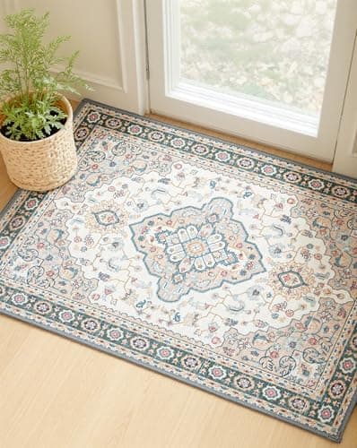 MINIDEAR 2x3 Area Rugs for Entryway Kitchen, Washable Rug Small Rugs for Bedroom Non Slip Vintage Rug with Floral Print Carpet Mat for Home, Khaki - Image 1