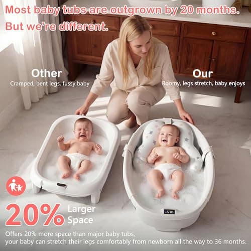 Collapsible Baby Bathtub - Large Baby Bath Tub with Thermometer | Bath Essential Bañera para Bebe Easy Fold Baby Tub | Travel Infant Newborn Toddler Bathtub for Baby Girl Boy 0 to 36 Months (Grey) - Thumbnail 3