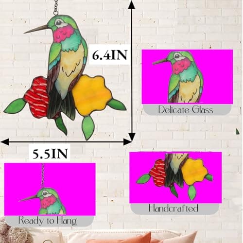 Stained Glass Hummingbird Suncatcher - Sun Catchers Indoor Window Hanging Ornament, Handmade Bird Suncatcher for Windows, Unique Gift for Women/Mom/Bird Lovers (6.4x5.5 Inch) - Thumbnail 3