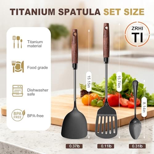 ZRHI Titanium Spatula Set of 3 for Kitchen, Kitchen Utensil Set Pure Titanium, Food Grade, High Heat Resistant Cooking Utensils, Easy to Clean, Black - Thumbnail 2