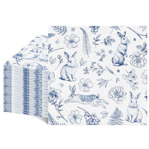 NatNarr 100 Pcs Easter Napkins, Retro Bunny Napkins Blue and White Rabbit Decoupage Napkin Chinoiserie Easter Dessert Beverage Napkin for Spring, Birthday, Baby Shower - Image 1