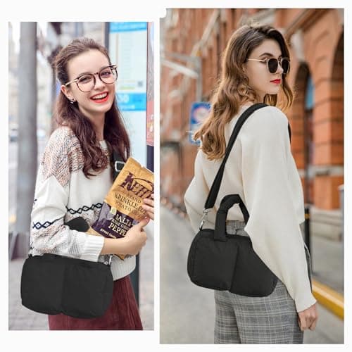JHhomezeit Small Puffer Bag for Women, Crossbody Puffer Tote Bag Quilted Puffy Bags Satchel Shoulder Purse Fluffy Handbag (Black) - Thumbnail 2