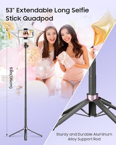 ACKIMA 53'' Selfie Stick Tripod with Light, Enhanced 4-Leg Cell Phone Stand Camera Tripod with Rechargeable Wireless Remote & 2 Fill Light, Portable Selfie Stick Travel Essentials for iPhone Android - Thumbnail 5